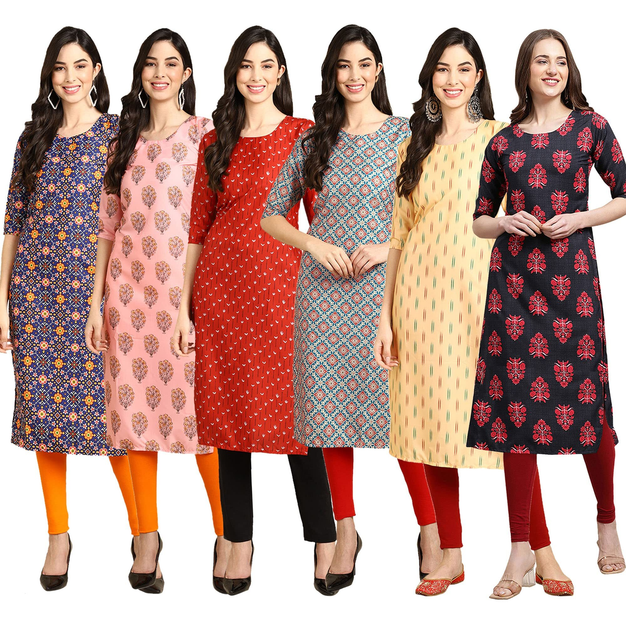 Pinkmint Women's Crepe Digital Print Straight Kurta Pack Of 6 [Cr-369-368-370-372-360-345-S]