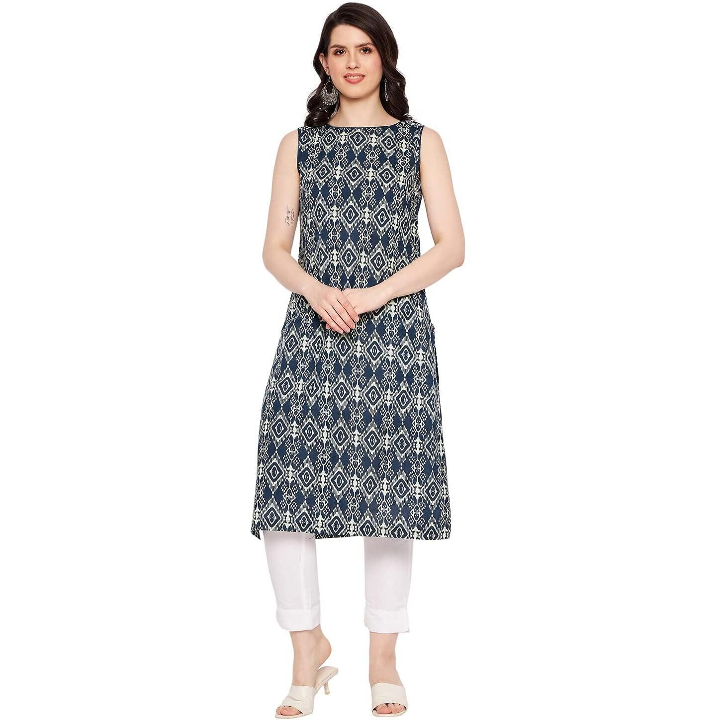 Patlani Women's Cotton Blened Sleeveless Printed Full Stitched Kurti.(K-199) White