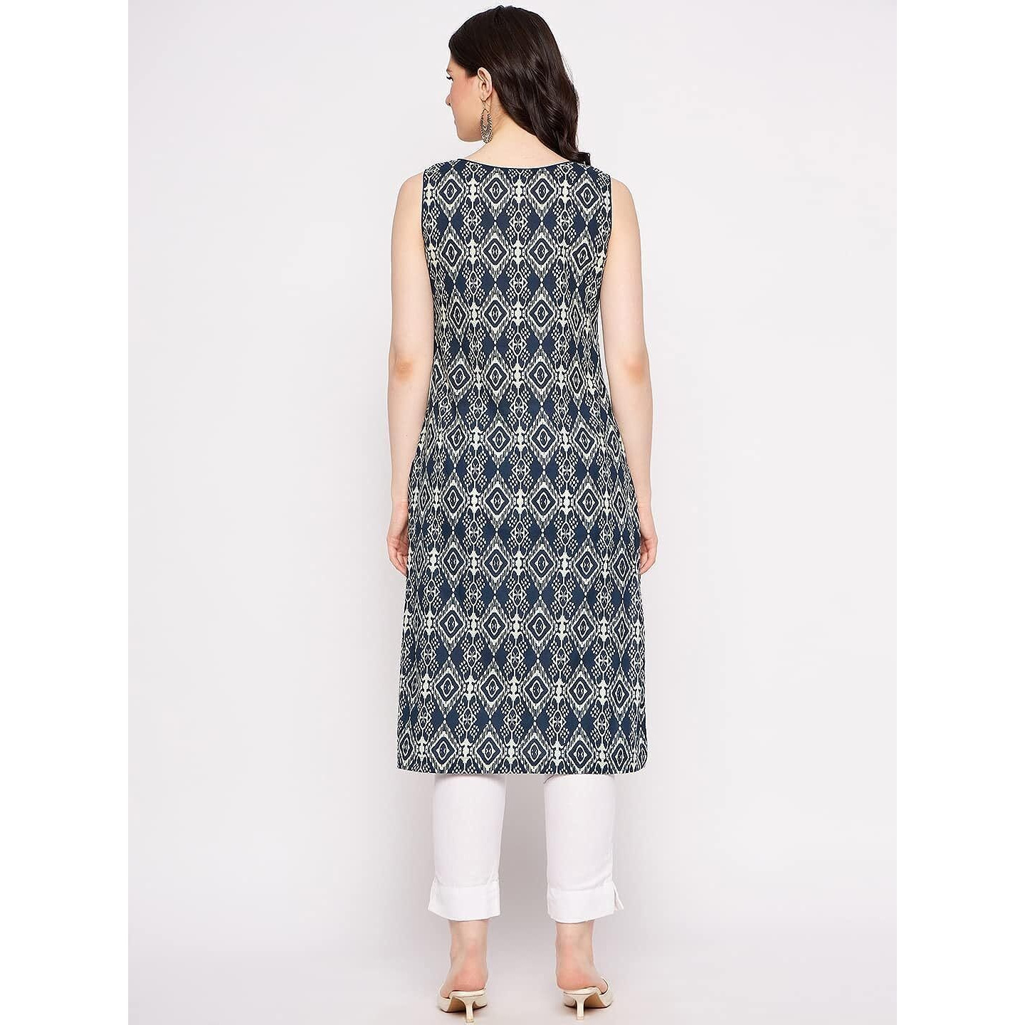 Patlani Women's Cotton Blened Sleeveless Printed Full Stitched Kurti.(K-199) White