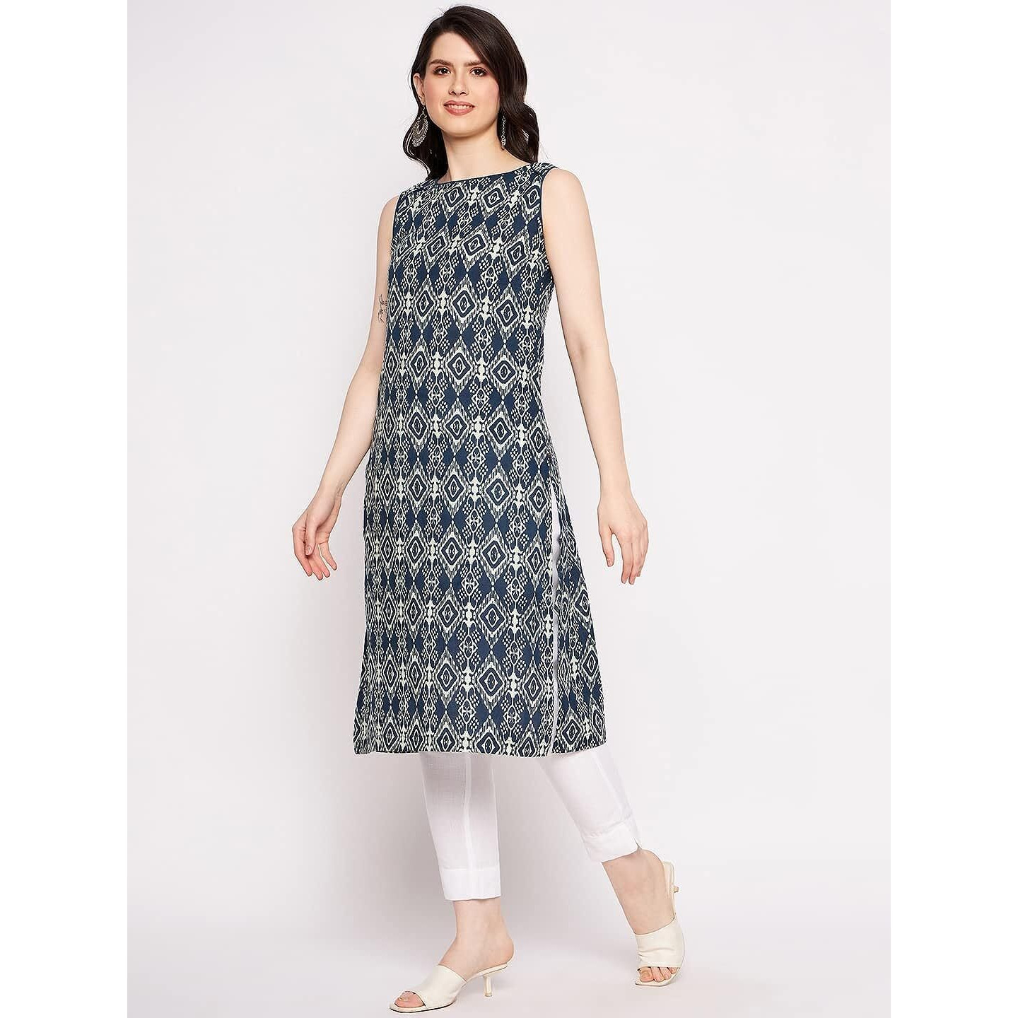 Patlani Women's Cotton Blened Sleeveless Printed Full Stitched Kurti.(K-199) White