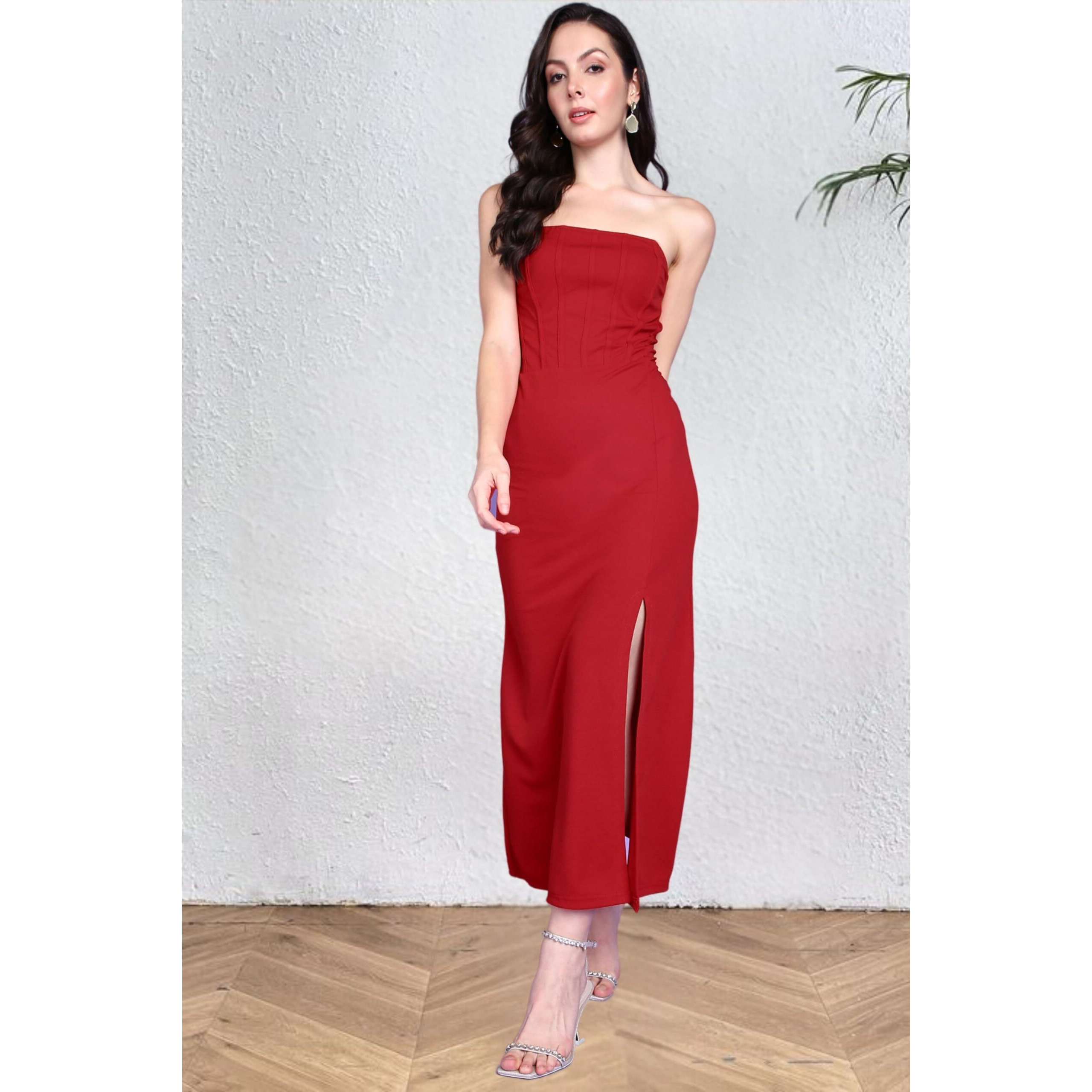 Popwings Casual Solid Sleeveless Slit Long Corset Dress For Women || Latest Stylish Western Summer Dresses For Women || Sleeveless Trendy Off-Shoulder Women Dresses For Parties Red