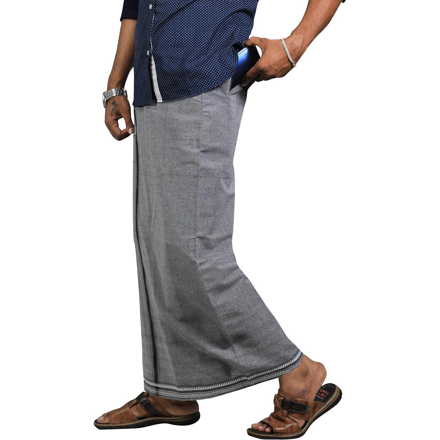 Prakasam Cotton Mens Cotton Kerala Thalapathi Border Welcro Pocket Dhoti (Size -M Size Dhoti) / Ash Colour Thalapathi Adjustable Pocket Dhoties For Mens