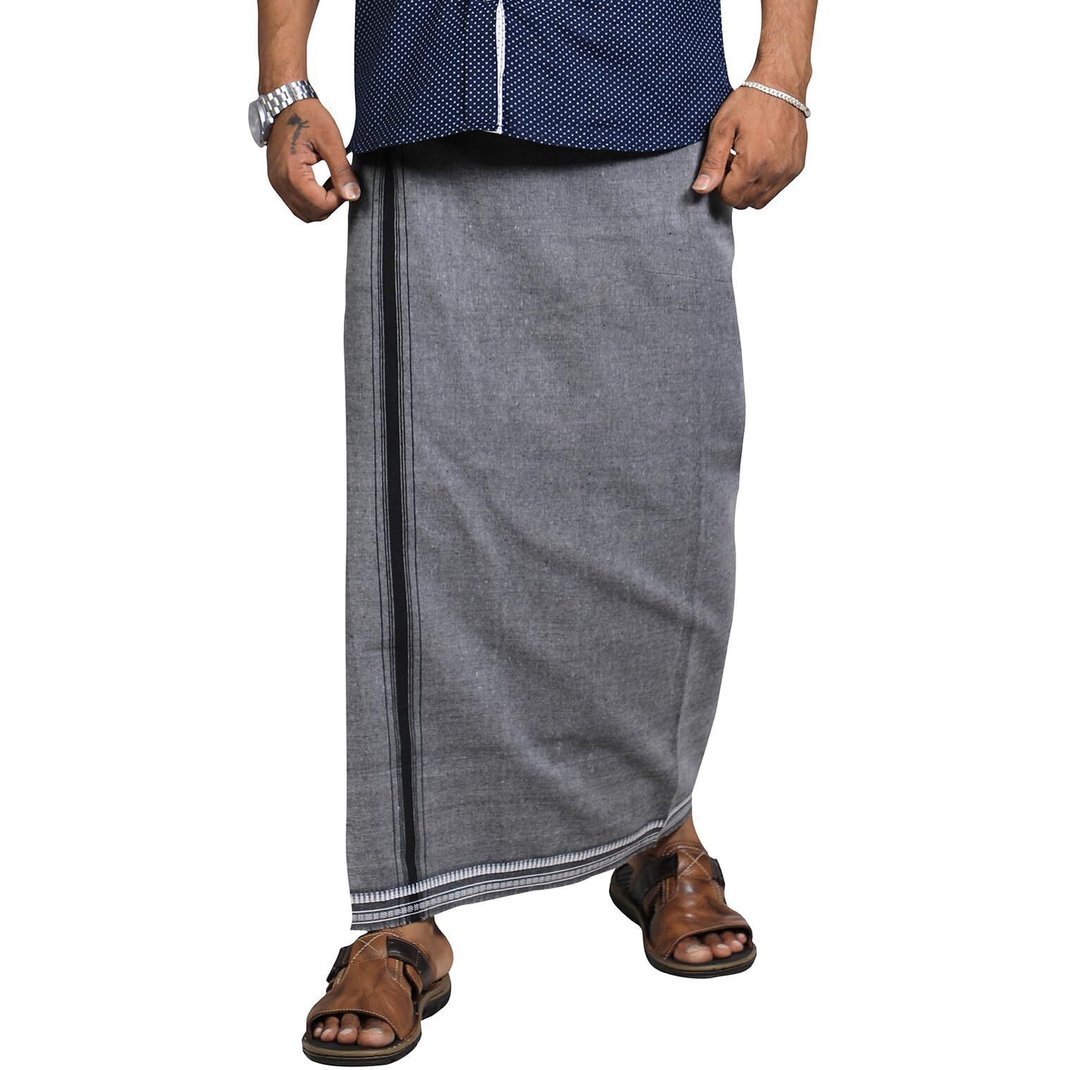 Prakasam Cotton Mens Cotton Kerala Thalapathi Border Welcro Pocket Dhoti (Size -M Size Dhoti) / Ash Colour Thalapathi Adjustable Pocket Dhoties For Mens