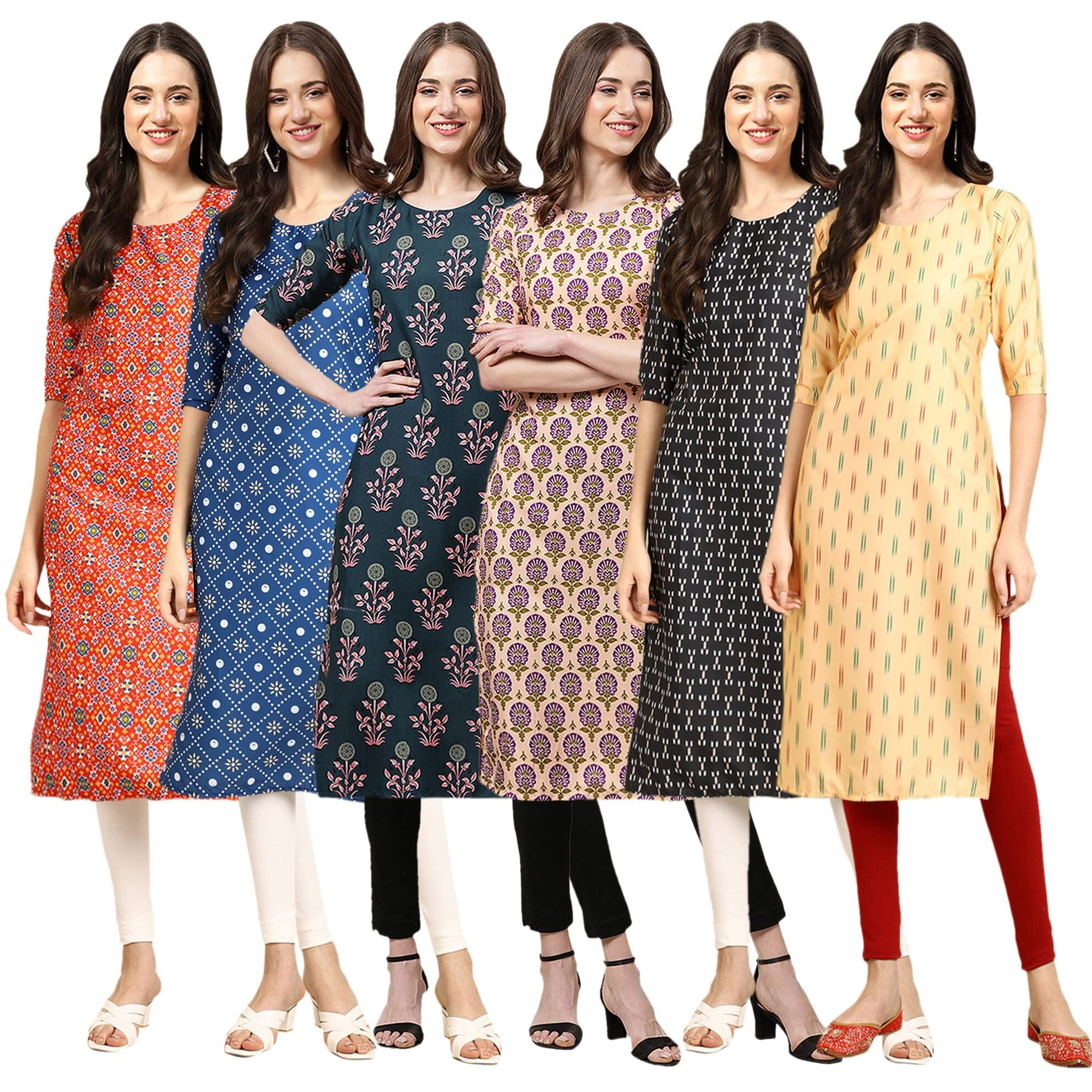 Pinkmint Women's Crepe Digital Print Straight Kurta(Pack Of 6)[Qv-365-353-335-332-362-360-Xl]
