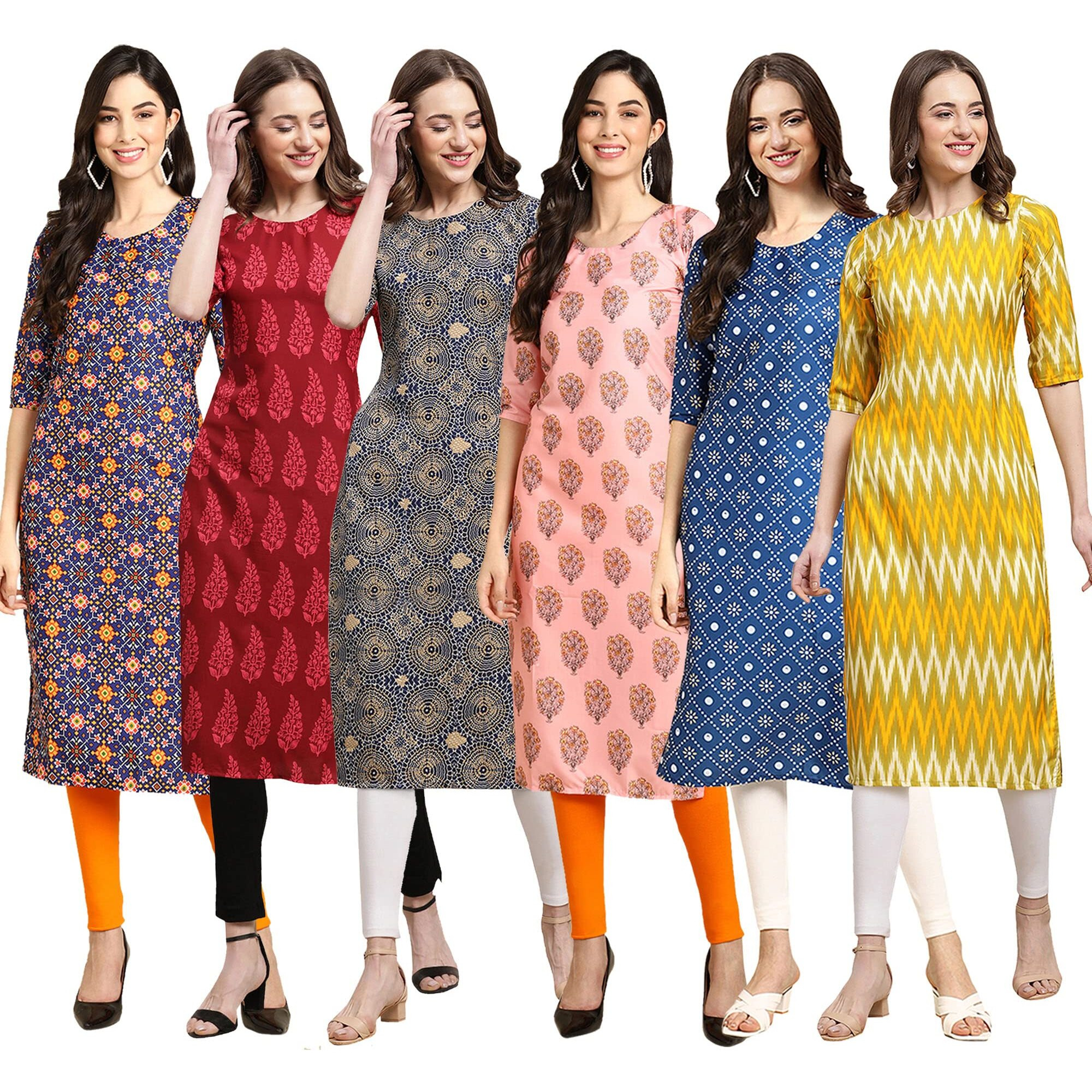 Pinkmint Women's Crepe Digital Print Straight Kurta Pack Of 6 [Cr-369-337-341-368-353-329-L]