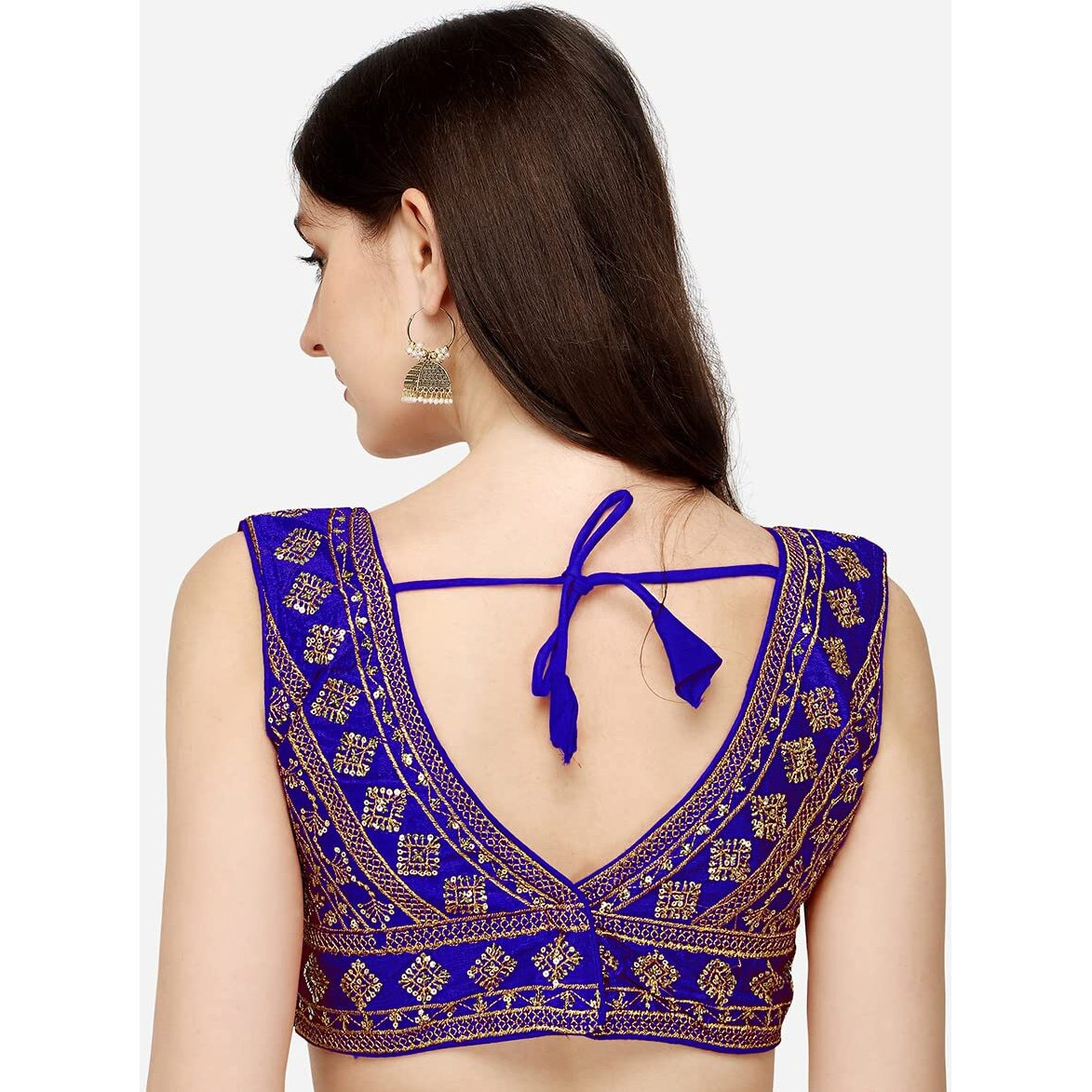 Pujia Mills Women's Silk Embroidery Sequins Zari Work Readymade Saree Blouse (Radha Krishna 11_Royal Blue_38)