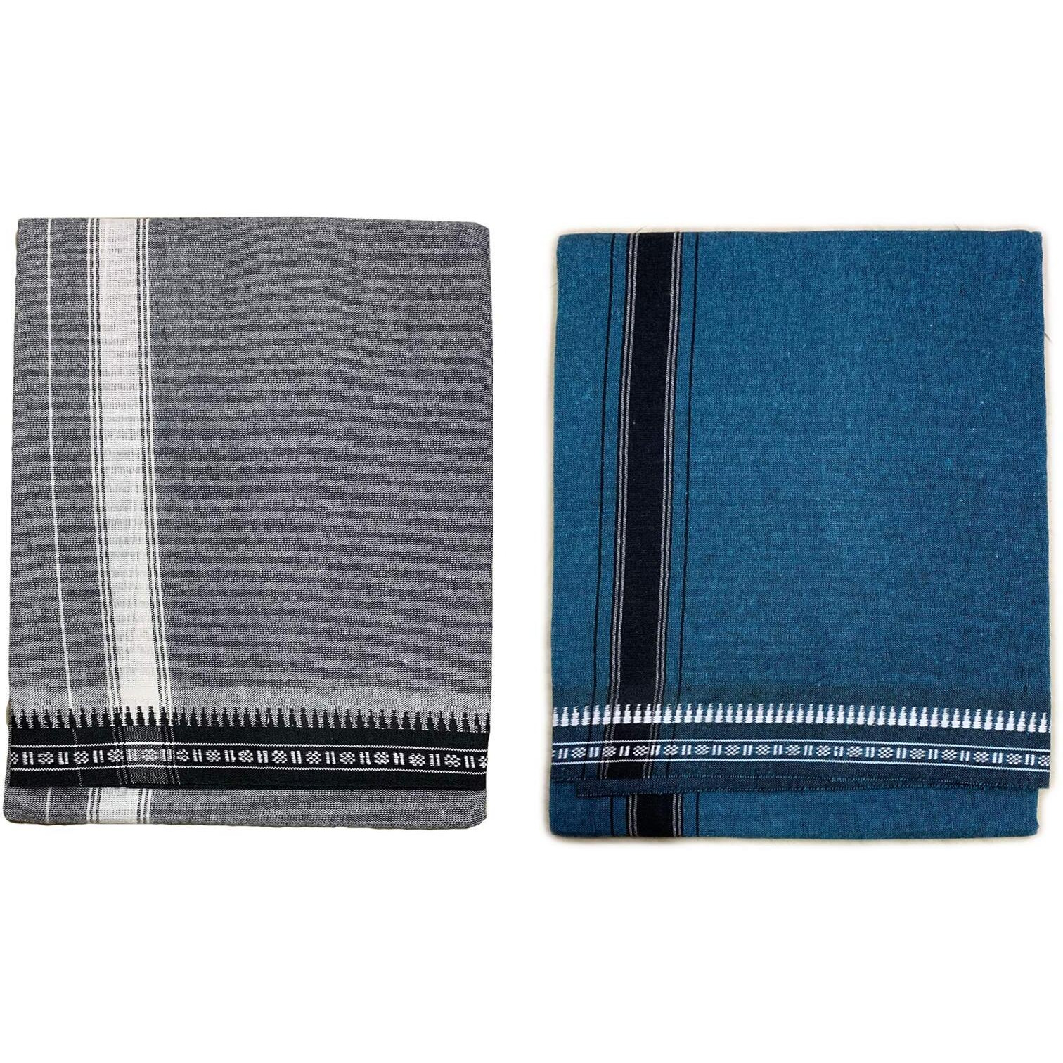 Prakasam Cotton Mens Colour Thalapathi Border Single Dhoti/Size1.28X2.00 Mtrs/Combo Pack Of 2 Dhoties Ash-Blue