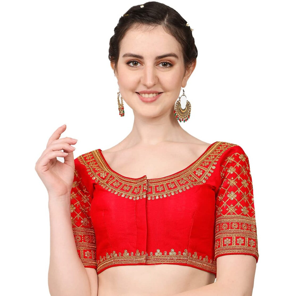 Pujia Mills Women's Silk Solid Half Sleeve Blouse (Rasiya Red_Red_38)