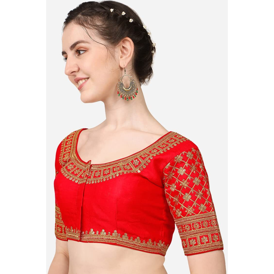 Pujia Mills Women's Silk Solid Half Sleeve Blouse (Rasiya Red_Red_38)