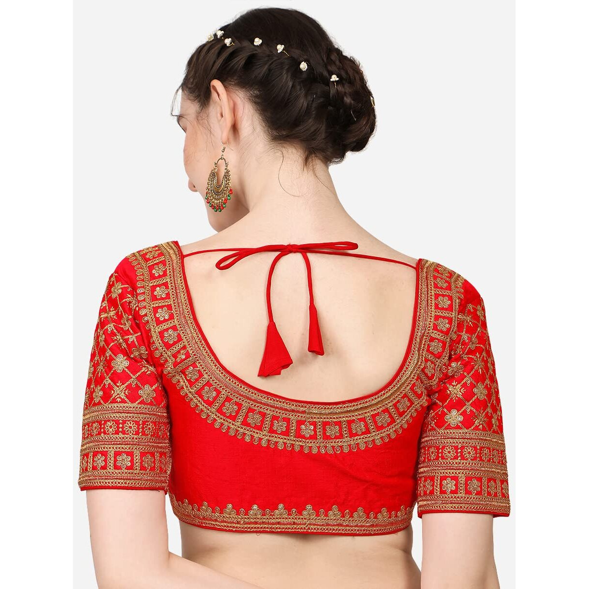 Pujia Mills Women's Silk Solid Half Sleeve Blouse (Rasiya Red_Red_38)