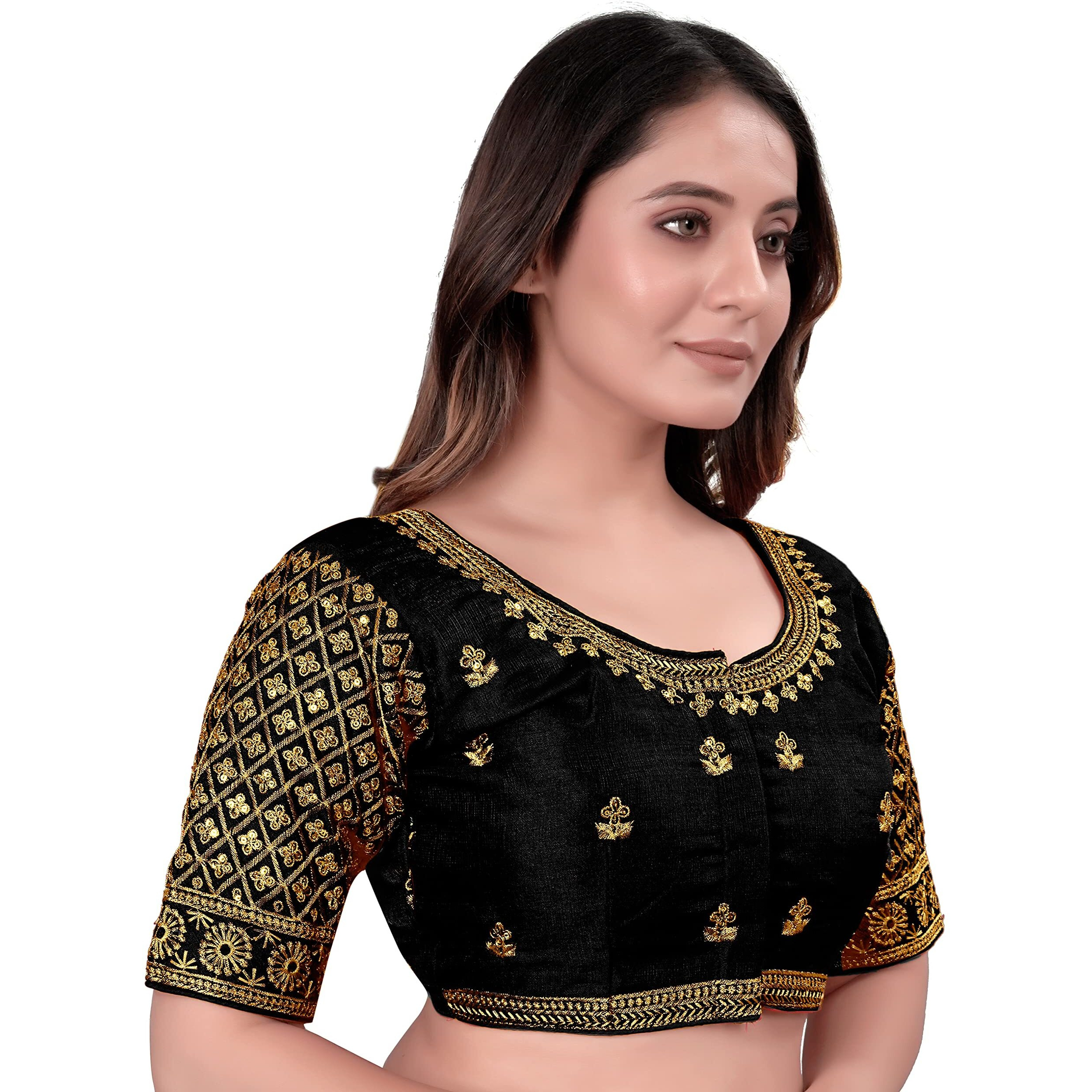 Pujia Mills Women's Blouse Readymade Blouse Embroidery Blouse Readymade Blouses For Women Readymade Blouses For Women Half Readymade Saree Blouse For Women Black Blouse Readymade (Sigma Black 38)