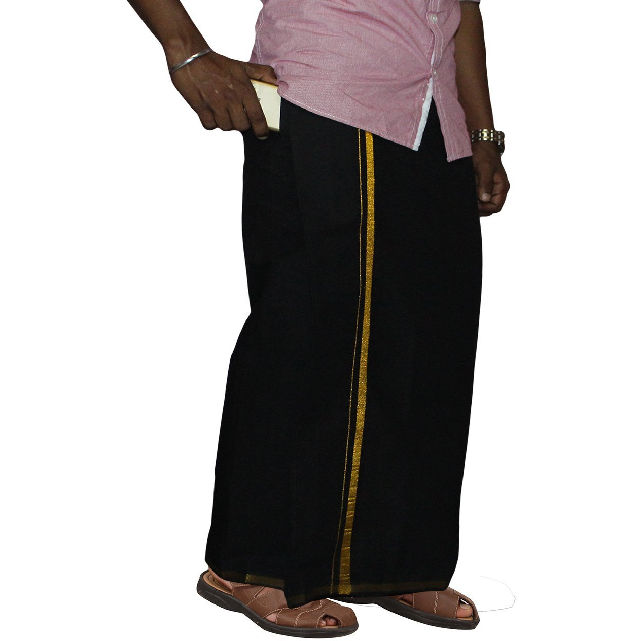 Prakasam Cotton Men's Single Black Colour With Jari Border Welcro Pocket Dhoti (Hip Size-30)-(Length-42Inches)