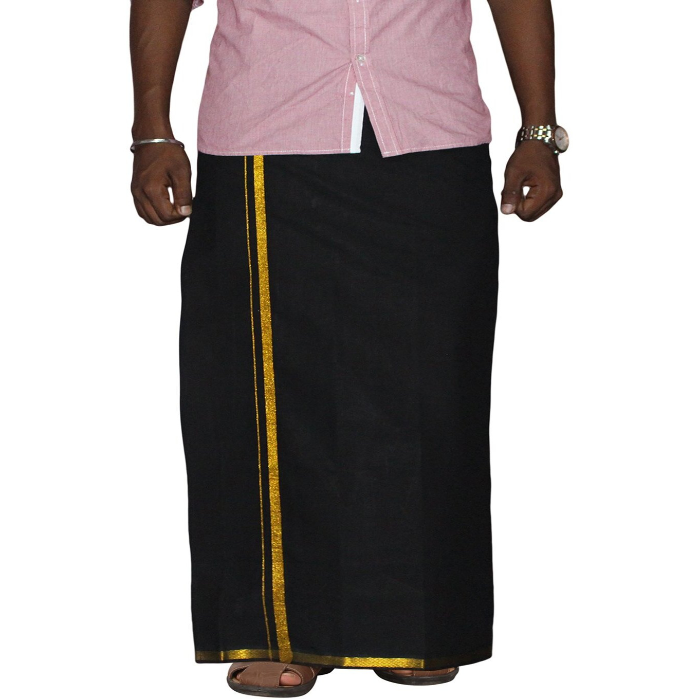 Prakasam Cotton Men's Single Black Colour With Jari Border Welcro Pocket Dhoti (Hip Size-30)-(Length-42Inches)