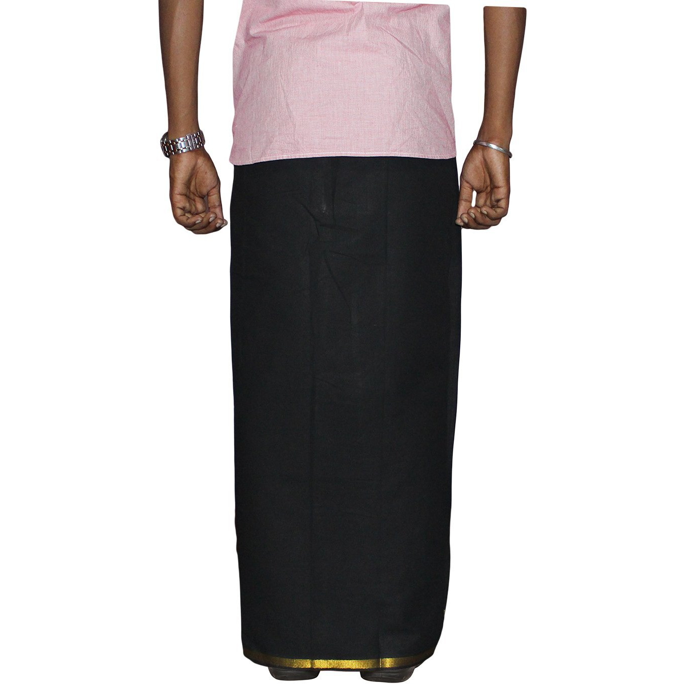 Prakasam Cotton Men's Single Black Colour With Jari Border Welcro Pocket Dhoti (Hip Size-30)-(Length-42Inches)