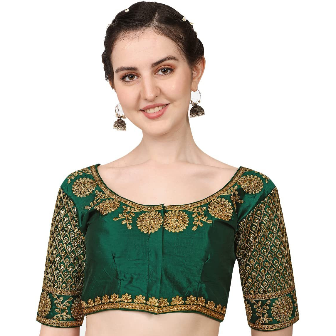 Pujia Mills Embroidery & Thread Work Phantom Silk Readymade Blouse Green