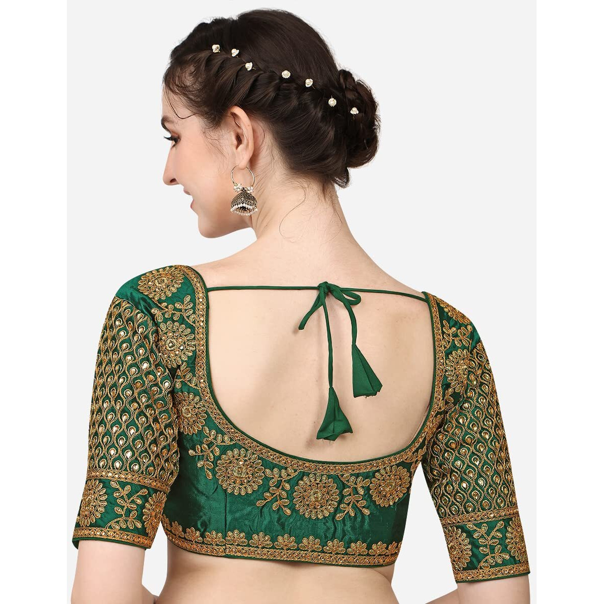 Pujia Mills Embroidery & Thread Work Phantom Silk Readymade Blouse Green