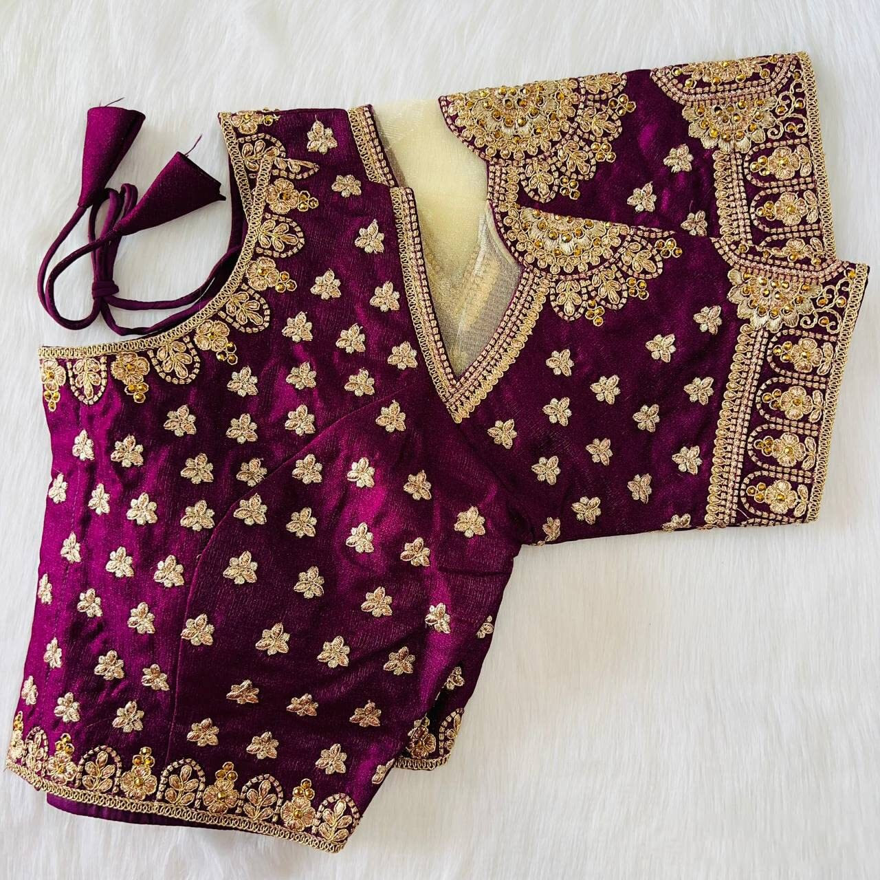 Pujia Mills Women's Heavy Milan Silk Codding Embroidery With Diamond Work Net Cutwork Blouse (Gopika Wine)
