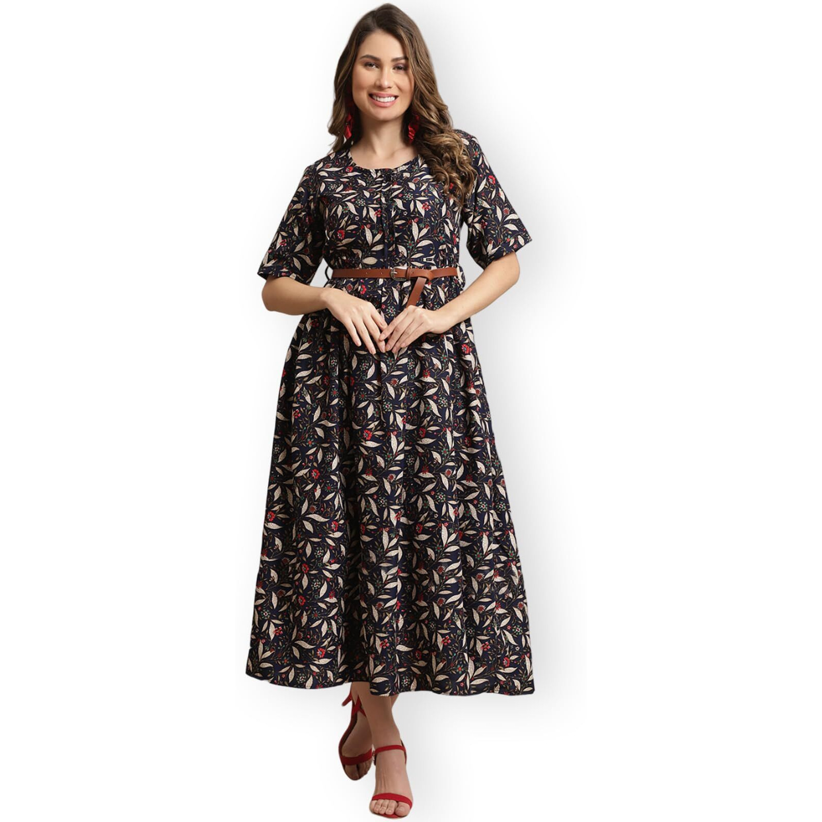 Preneum Women's Dark Blue Fit And Flare Printed Maxi Dress With Belt_107
