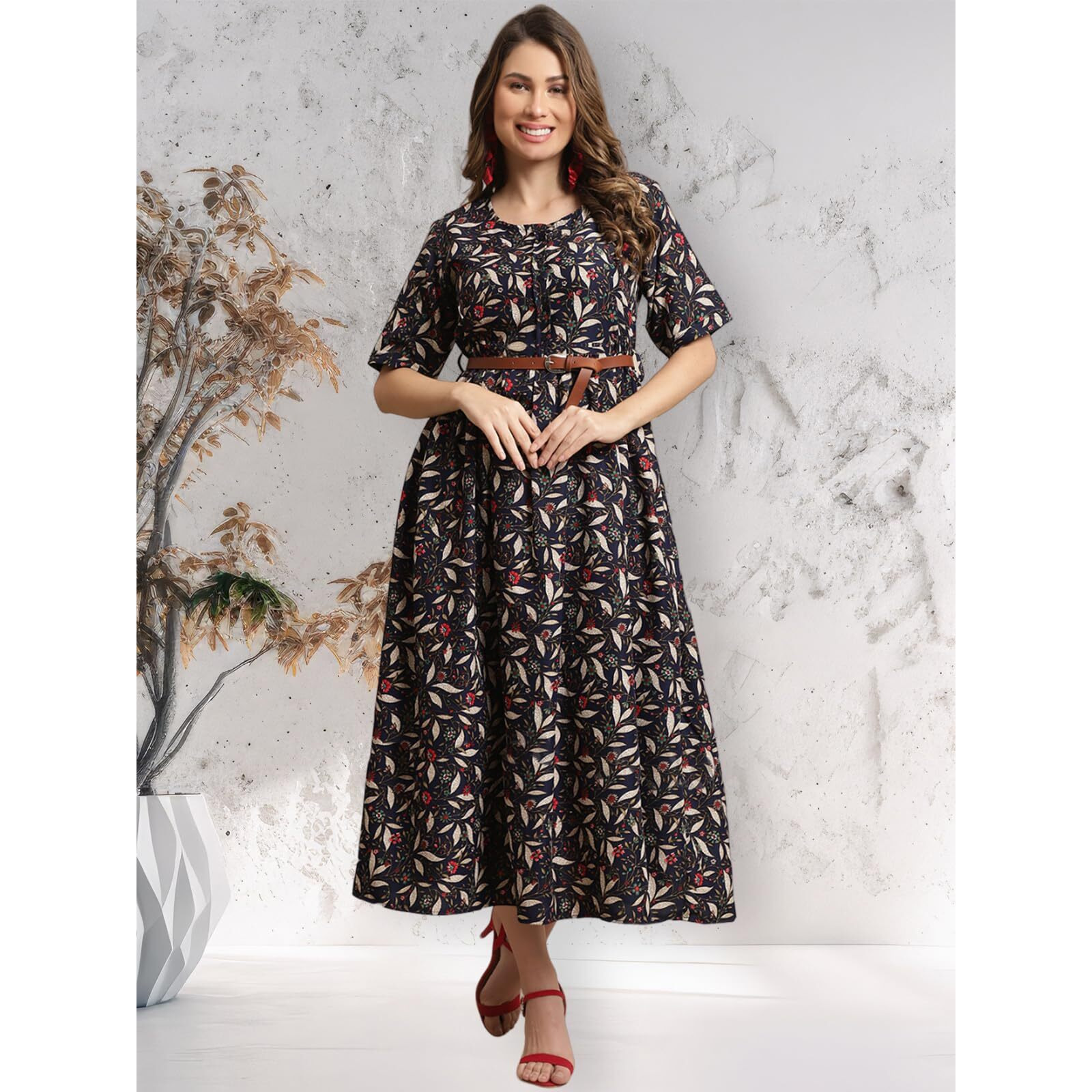 Preneum Women's Dark Blue Fit And Flare Printed Maxi Dress With Belt_107