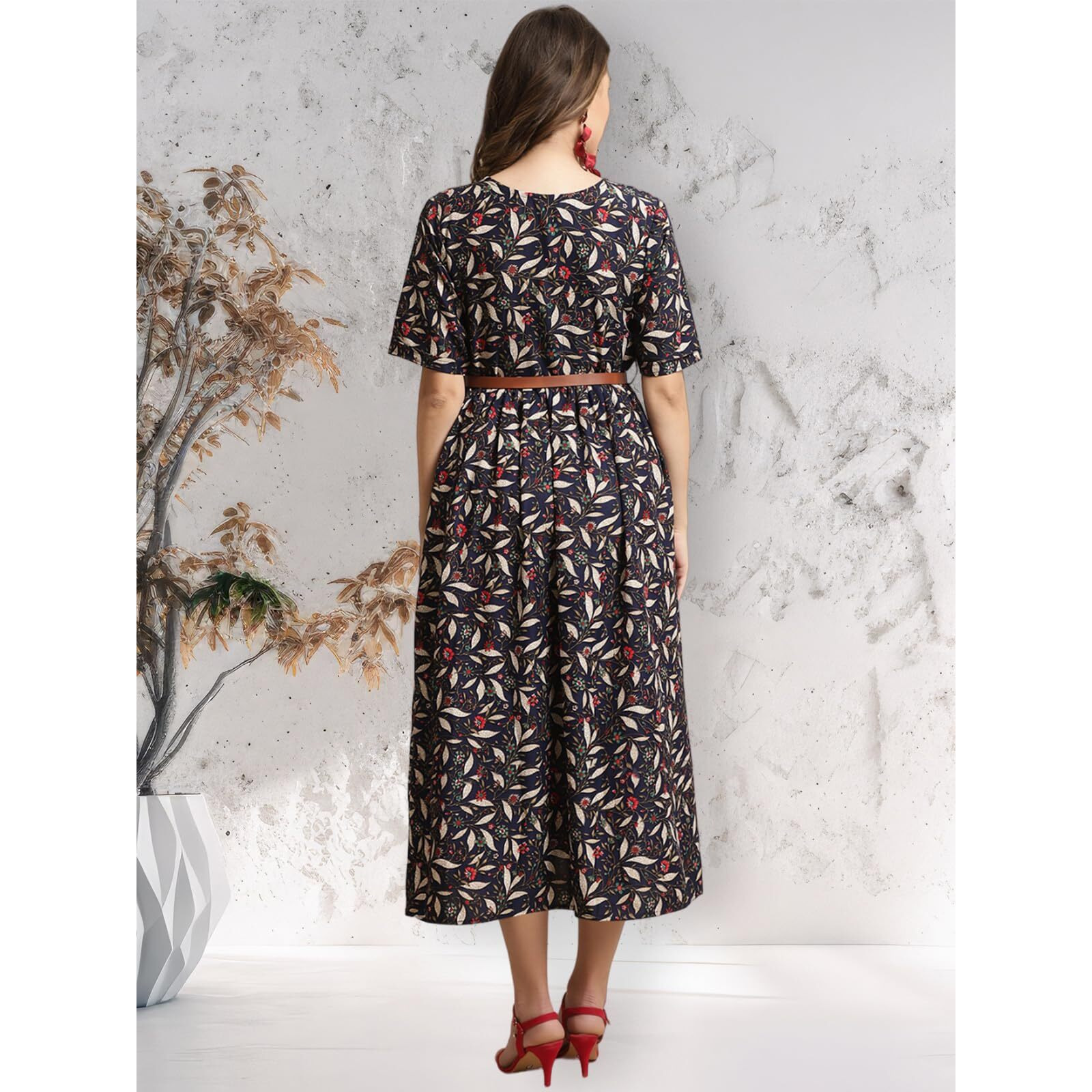 Preneum Women's Dark Blue Fit And Flare Printed Maxi Dress With Belt_107