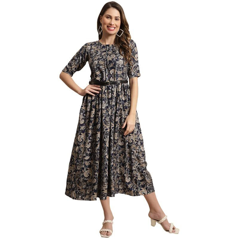 Preneum Women's Georgette Floral Printed 3/4 Slevees A-Line Fit & Flare Gown With Beltindo-Western Ethnic Gown || A-Line Maxi Dress Casual Wear || Fit & Flare Flared Hem Design, Navy Blue, Xl