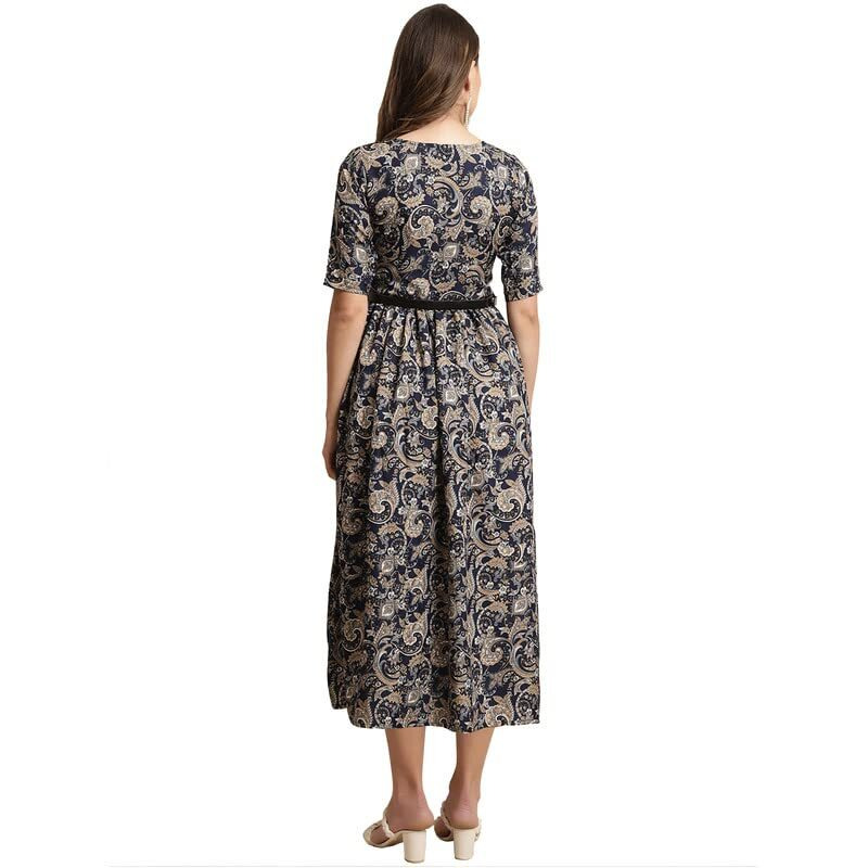 Preneum Women's Georgette Floral Printed 3/4 Slevees A-Line Fit & Flare Gown With Beltindo-Western Ethnic Gown || A-Line Maxi Dress Casual Wear || Fit & Flare Flared Hem Design, Navy Blue, Xl