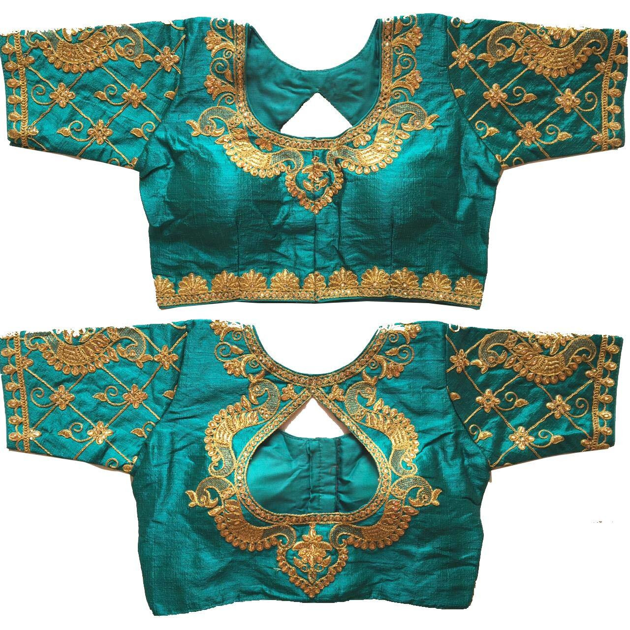 Pujia Mills Women's Multicolor Phantom Silk Water Drop Back Neck Peacock Embroidery Stone Work Sleeves Readymade Saree Blouse (Murari Blouse_Rama_38 Size+Margin)