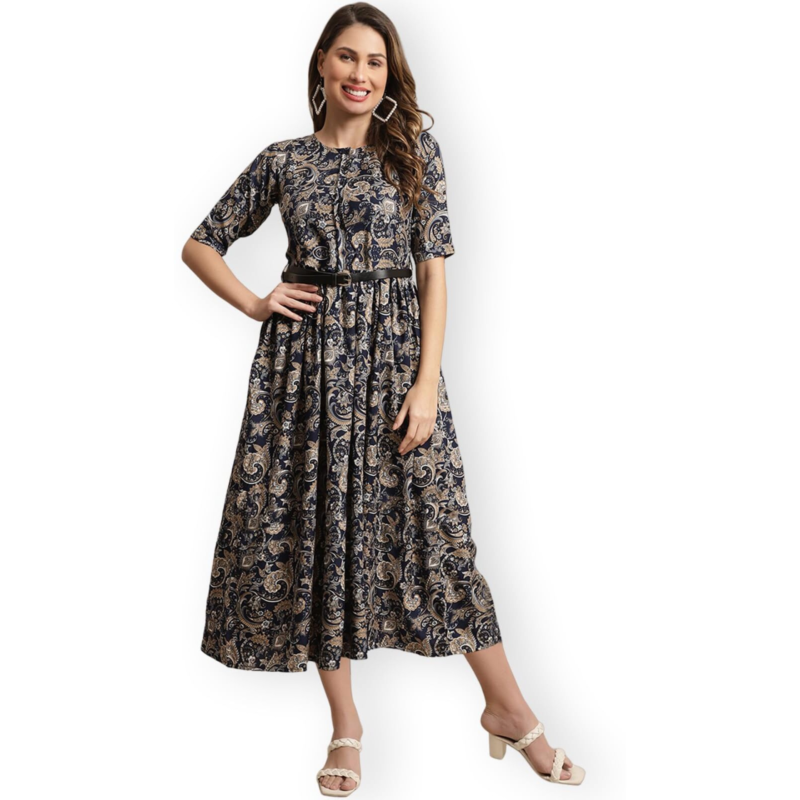 Preneum Girls's Georgette Floral Printed 3/4 Slevees A-Line Fit & Flare Gown With Belt, Navy Blue, S