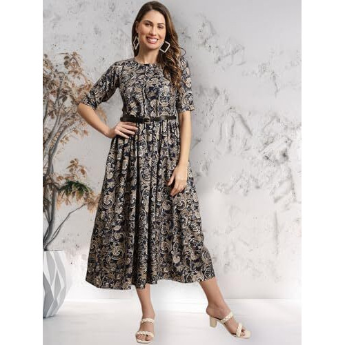 Preneum Girls's Georgette Floral Printed 3/4 Slevees A-Line Fit & Flare Gown With Belt, Navy Blue, S