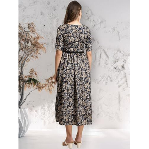 Preneum Girls's Georgette Floral Printed 3/4 Slevees A-Line Fit & Flare Gown With Belt, Navy Blue, S