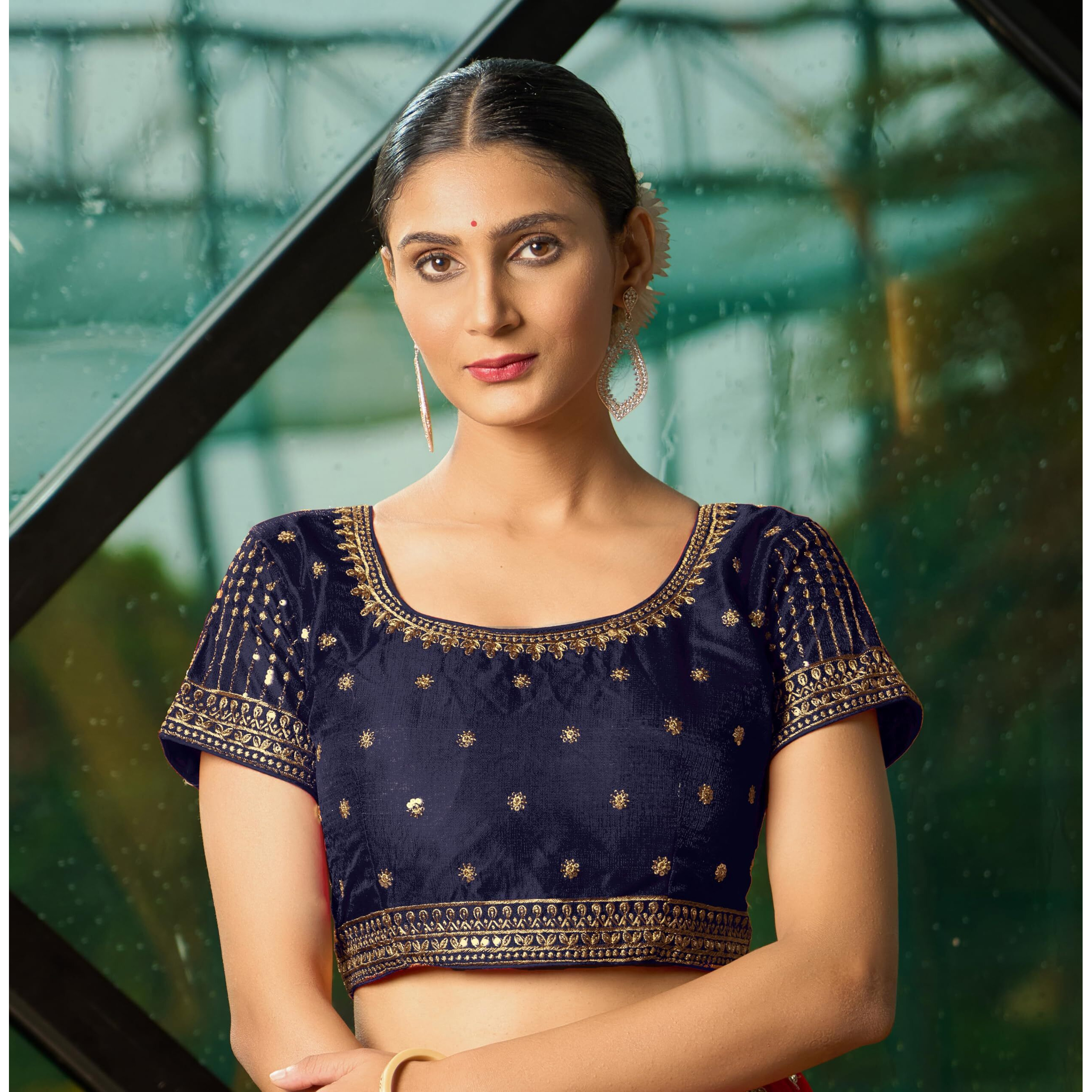Pujia Mills Women's Navy Blue Readymade Blouse Embroidery Multi Coding Gold Thread Indian Ethnic Designer Blouse Stitched Women's Readymade Short Sleeve Saree Blouse For Women For Saree Lehenga Choli