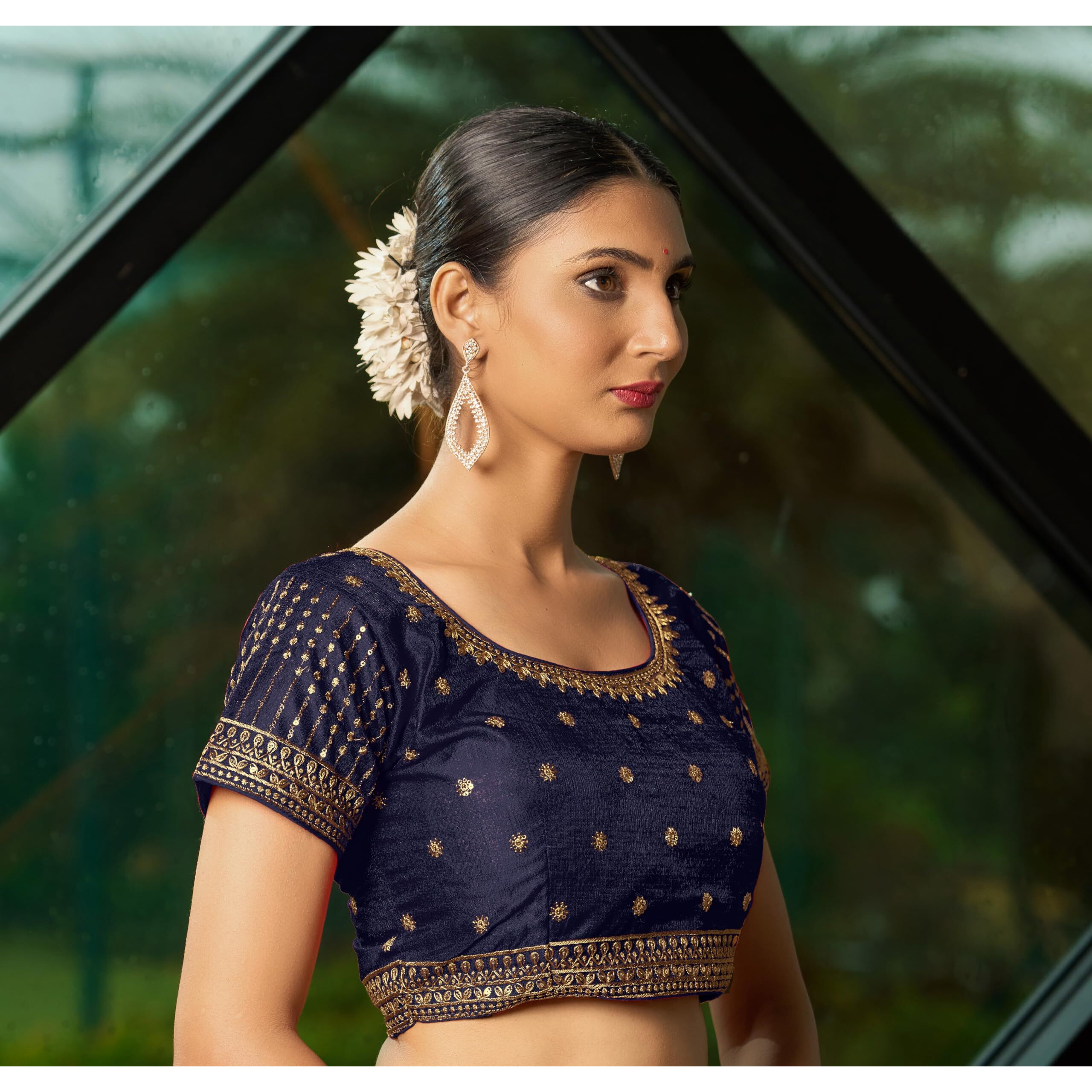 Pujia Mills Women's Navy Blue Readymade Blouse Embroidery Multi Coding Gold Thread Indian Ethnic Designer Blouse Stitched Women's Readymade Short Sleeve Saree Blouse For Women For Saree Lehenga Choli