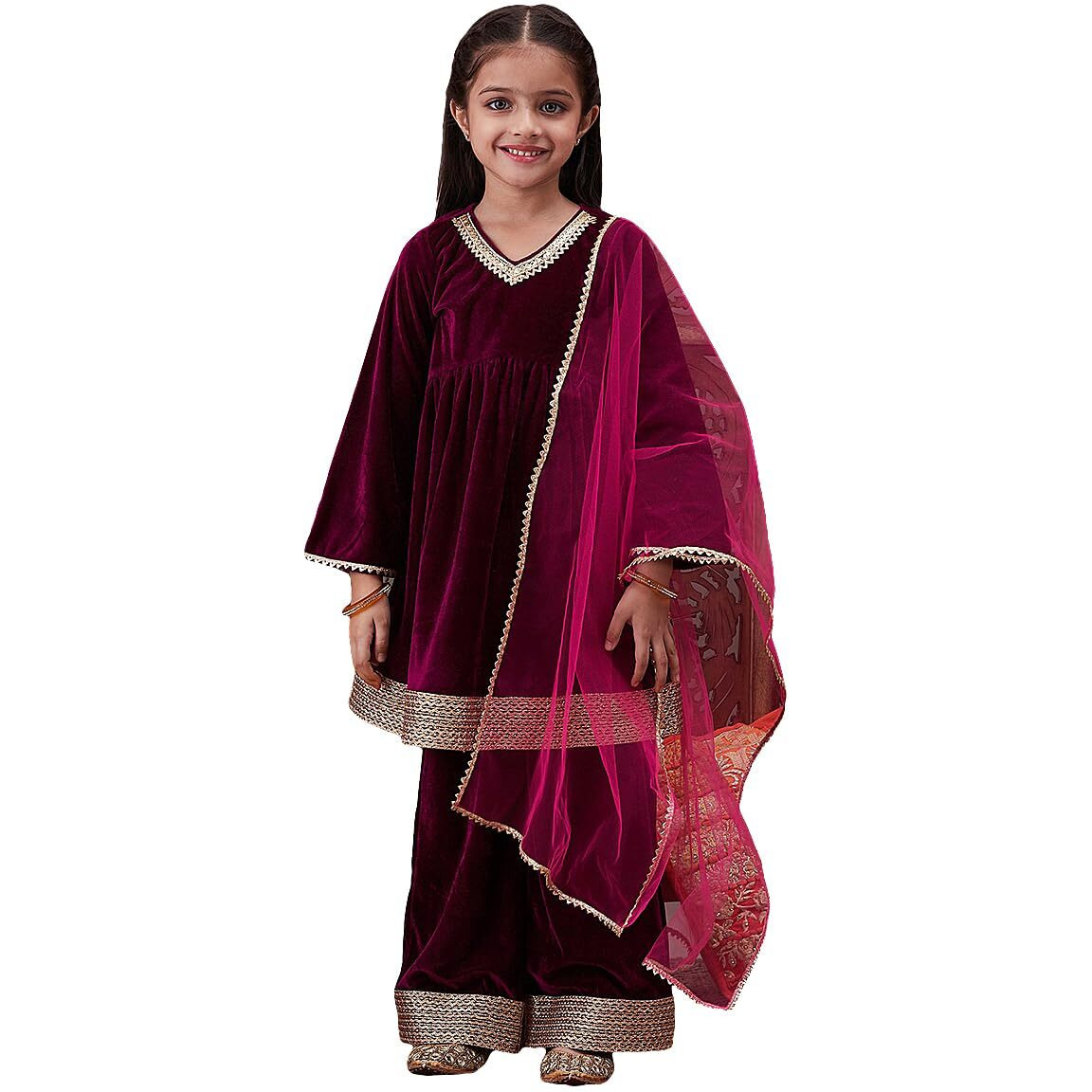 Pspeaches Girl's Silk Blend Kurta Set (Ks-Winevelvet-14_Wine