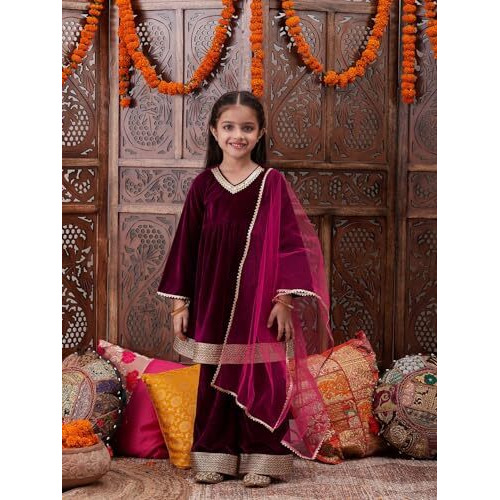 Pspeaches Girl's Silk Blend Kurta Set (Ks-Winevelvet-14_Wine