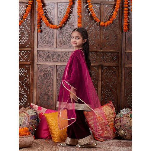 Pspeaches Girl's Silk Blend Kurta Set (Ks-Winevelvet-14_Wine