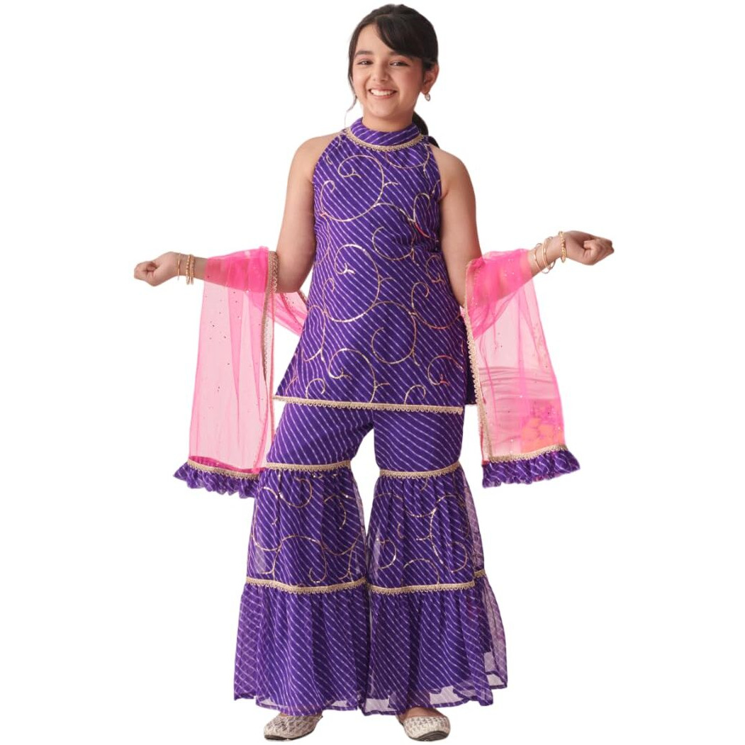 Pspeaches Girl's Georgette Sharara Set (Sha-Purpleleheriyaseq-3-4Y_Purple