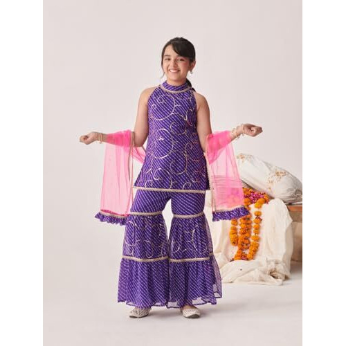 Pspeaches Girl's Georgette Sharara Set (Sha-Purpleleheriyaseq-3-4Y_Purple