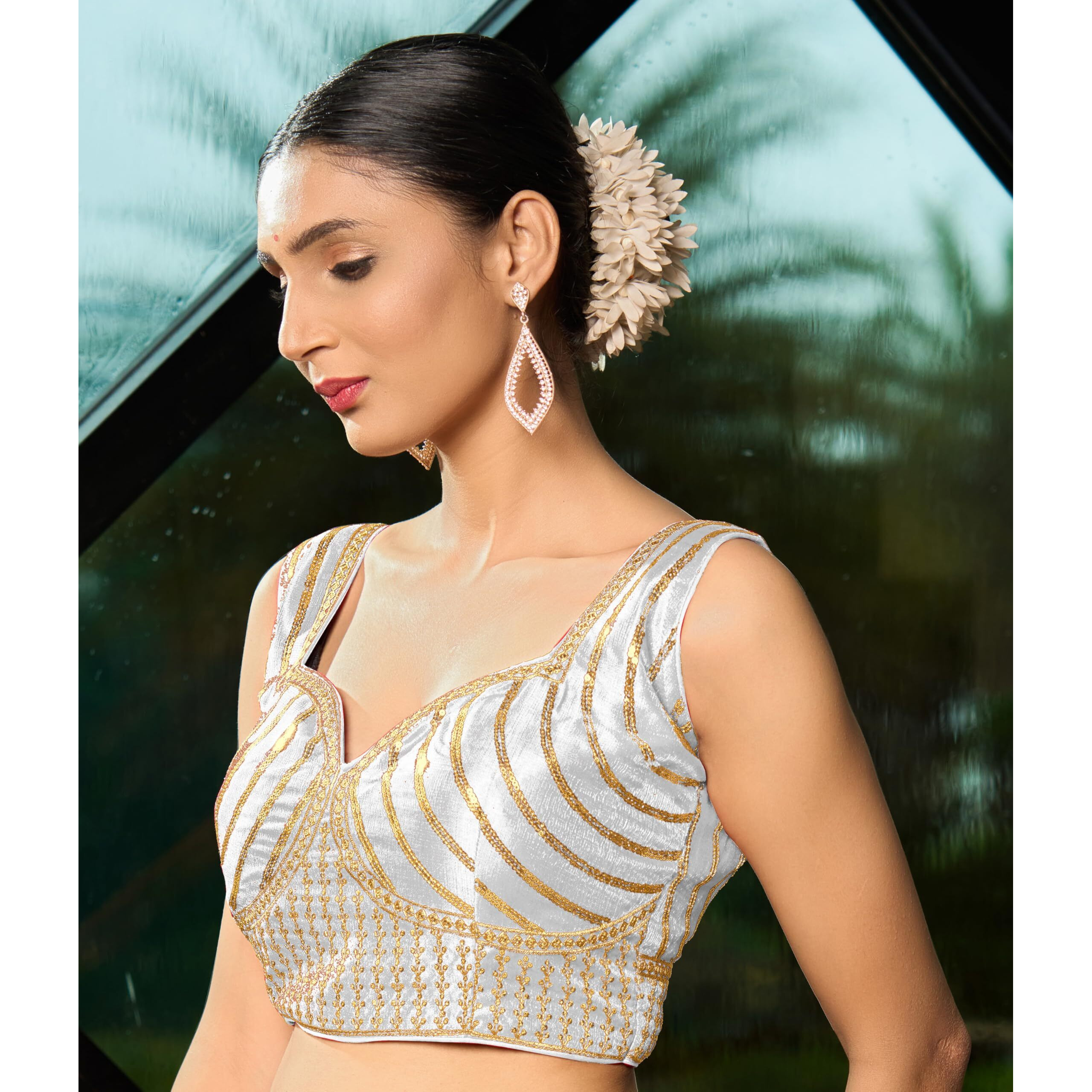 Pujia Mills Women's Readymade Blouse Embroidery Multi Coding Gold Thread Indian Ethnic Designer Stitched Readymade Saree Sleeveless Cream Blouse For Women For Saree Lehenga Choli