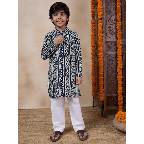 Pspeaches Boys Bandhani Printed Band Collar Kurta With Pyjamas (10-12Years)