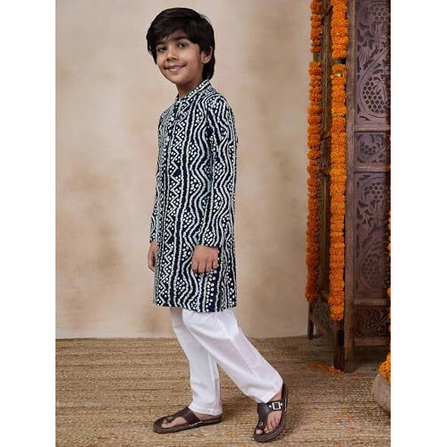 Pspeaches Boys Bandhani Printed Band Collar Kurta With Pyjamas (10-12Years)