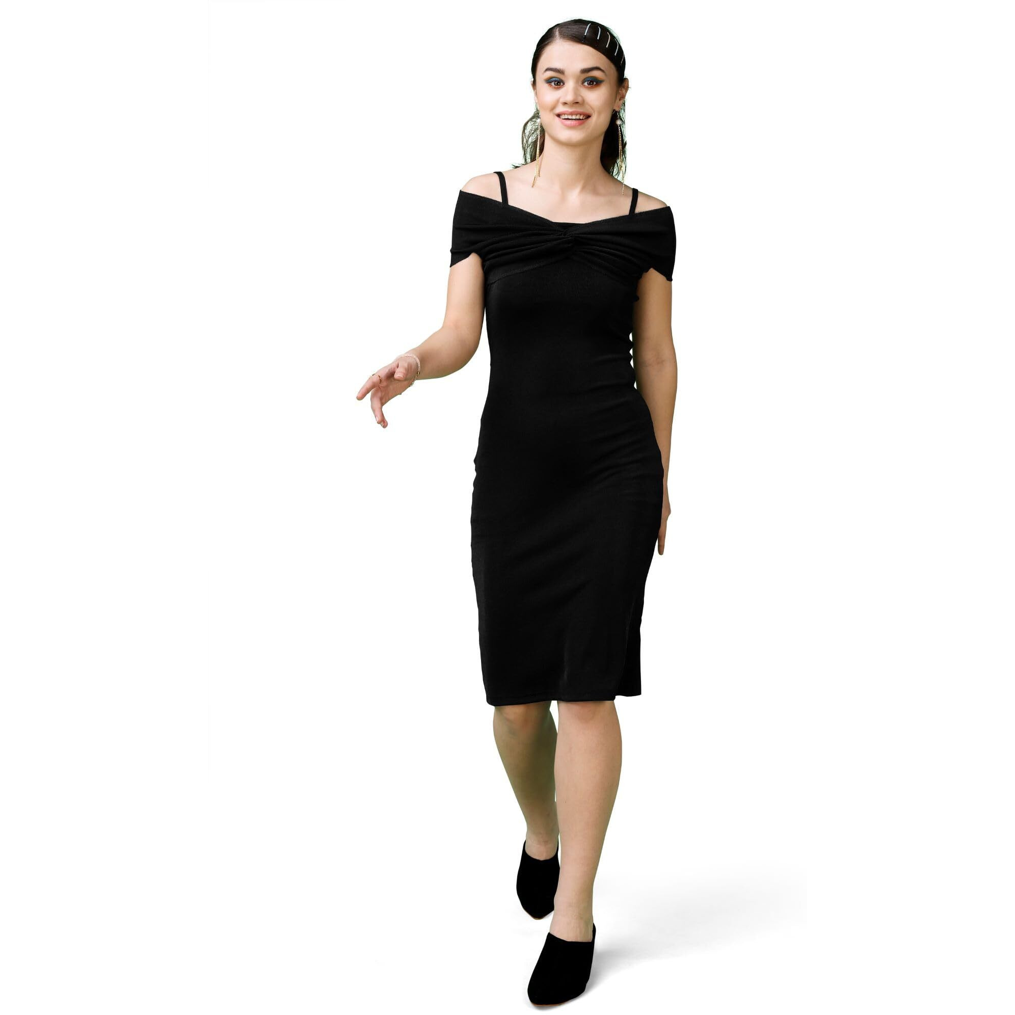 Purvaja Womens Bodycon Below Knee Length Dress (Shine-043-Black_Black-Medium)