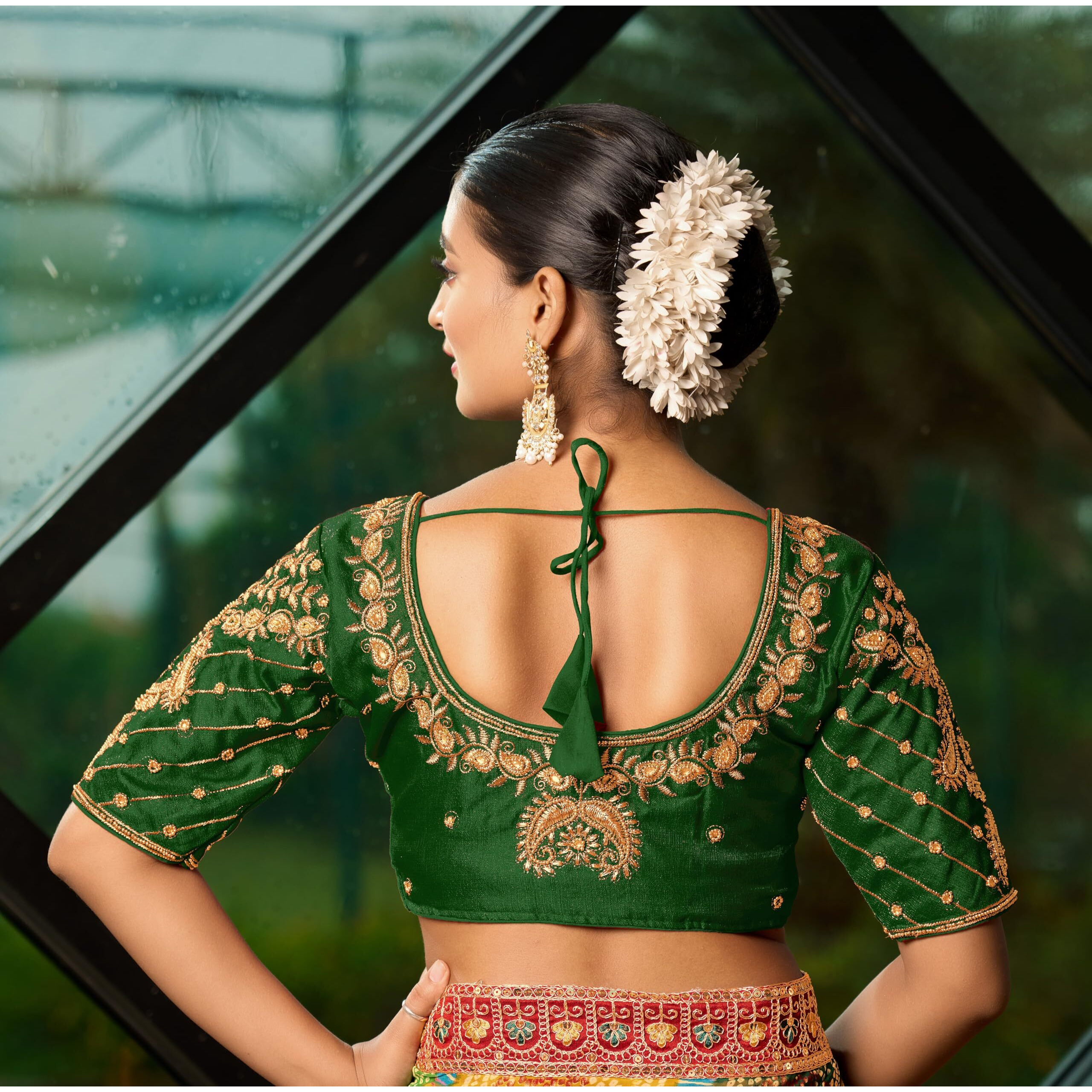 Pujia Mills Women's Readymade Blouse Embroidery Multi Coding Maggam Work Sequence Work Indian Ethnic Designer Stitched Readymade Saree Half Sleeve Green Blouse For Women For Saree Lehenga Choli