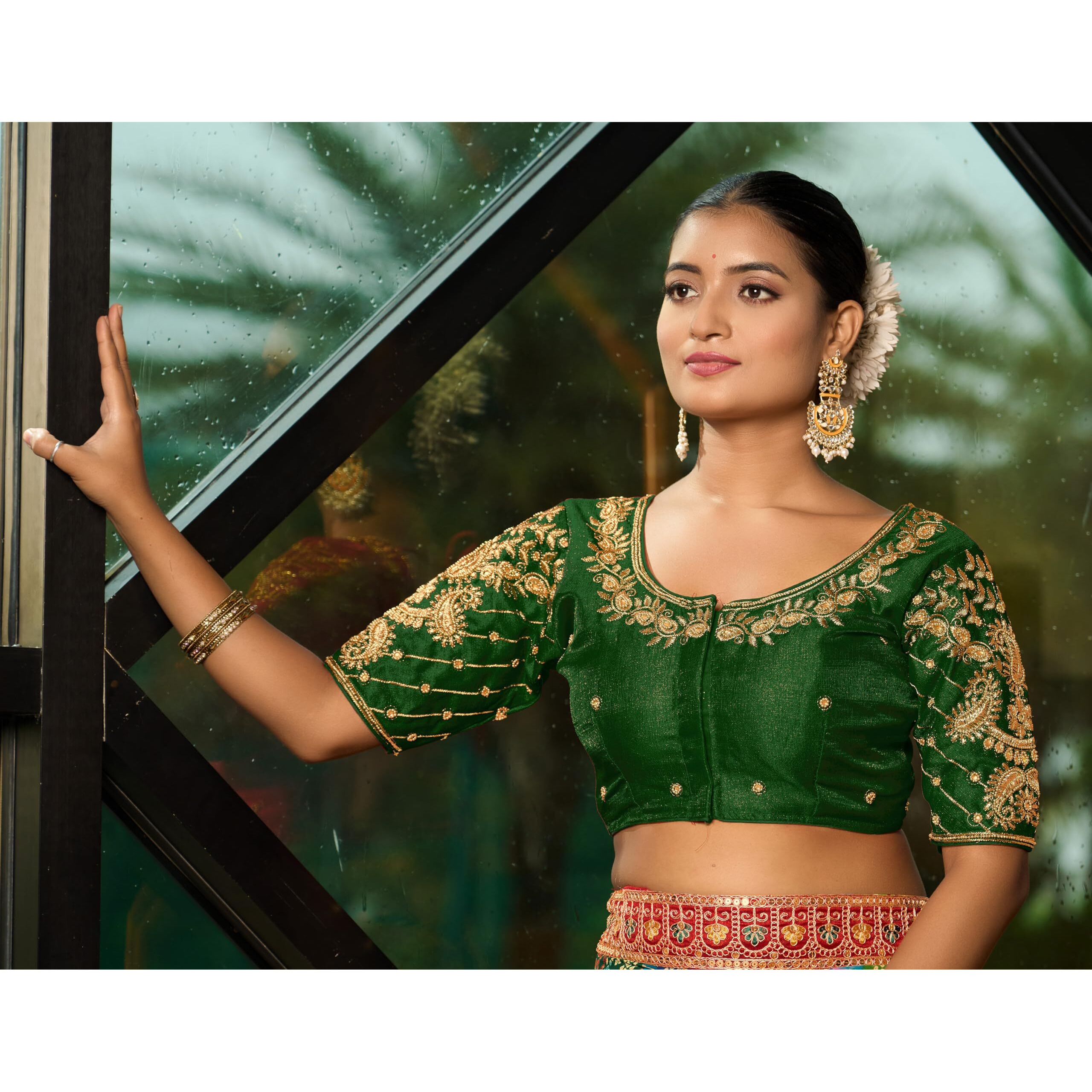 Pujia Mills Women's Readymade Blouse Embroidery Multi Coding Maggam Work Sequence Work Indian Ethnic Designer Stitched Readymade Saree Half Sleeve Green Blouse For Women For Saree Lehenga Choli