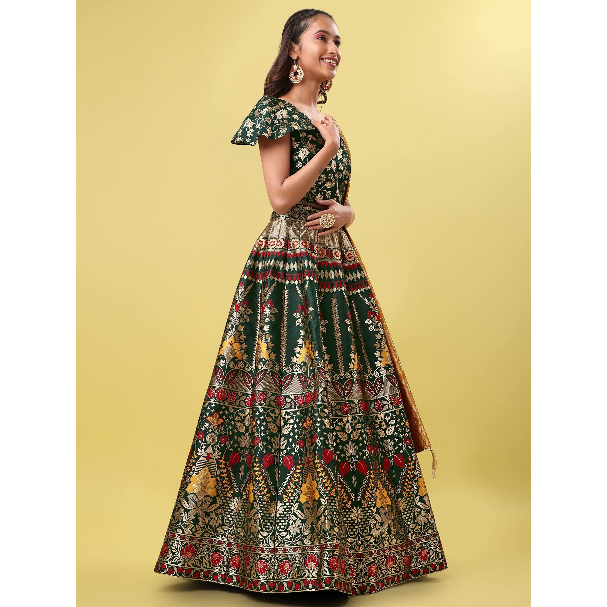 Purvaja Women's Jacquard Semi-Stitched Lehenga Choli (Nazz-D-Green_Green_Free Size)
