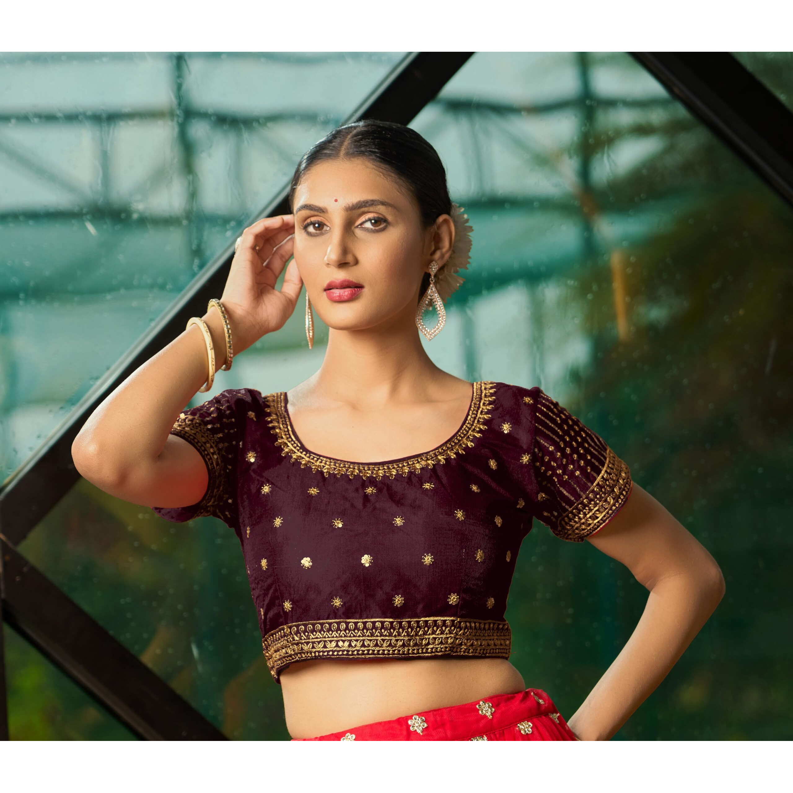 Pujia Mills Women's Maroon Readymade Blouse Embroidery Multi Coding Gold Thread Indian Ethnic Designer Blouse Stitched Women's Readymade Short Sleeve Saree Blouse For Women For Saree Lehenga Choli