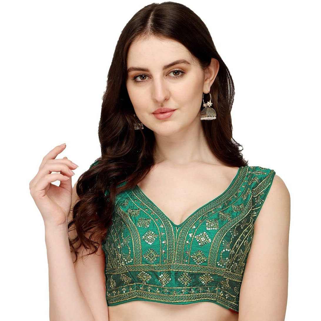 Pujia Mills Women's Silk Embroidery Sequins Zari Work Readymade Saree Blouse (Radha Krishna 11_Rama_38)