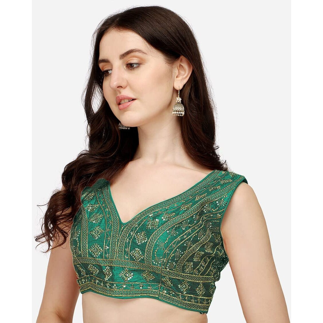 Pujia Mills Women's Silk Embroidery Sequins Zari Work Readymade Saree Blouse (Radha Krishna 11_Rama_38)