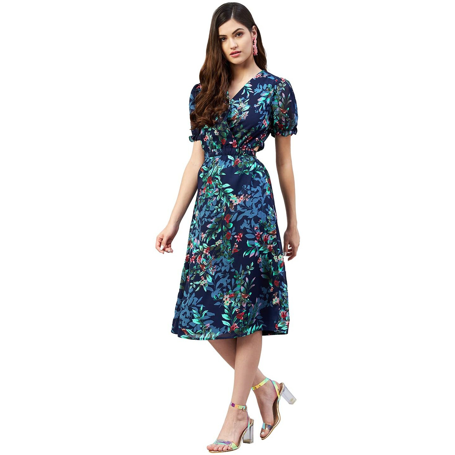 Rare Women Casual Navy Blue Colour Knee Length Floral Dress