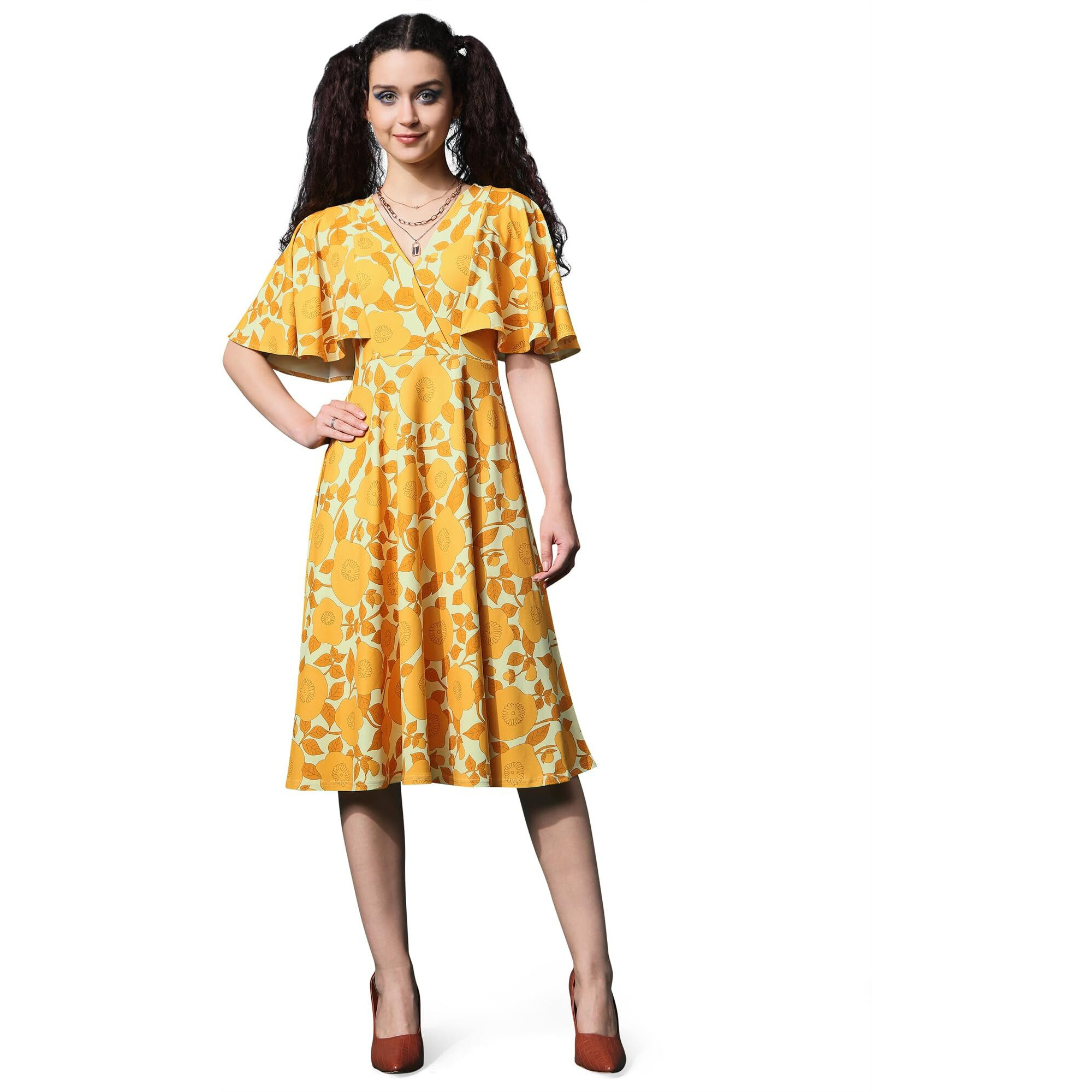 Purvaja Womens Fit & Flare Knee Length Dress (Wini-003-Spring_Yellow_Large)