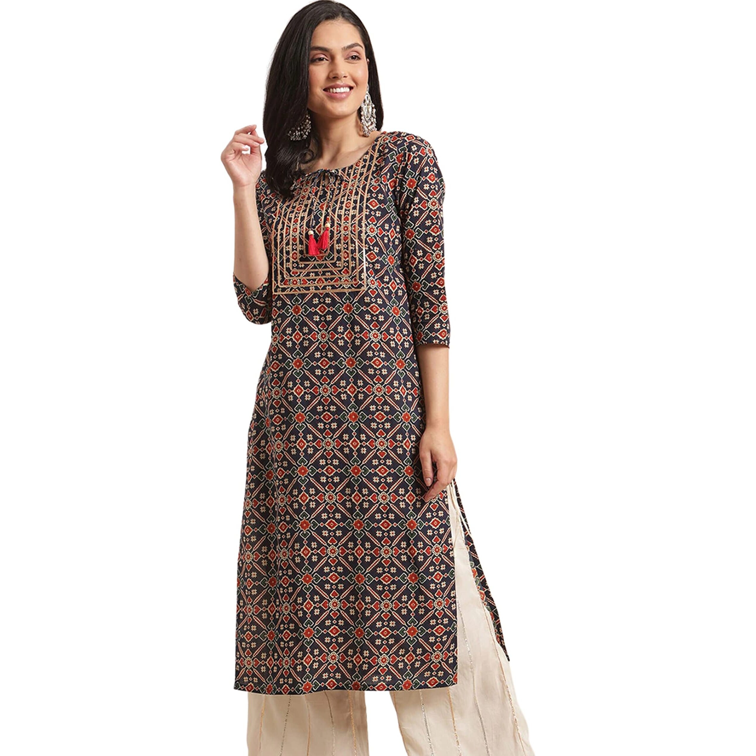 Rytras Women's Cotton Printed Straight Kurta(Ryt310_Blue_Large)